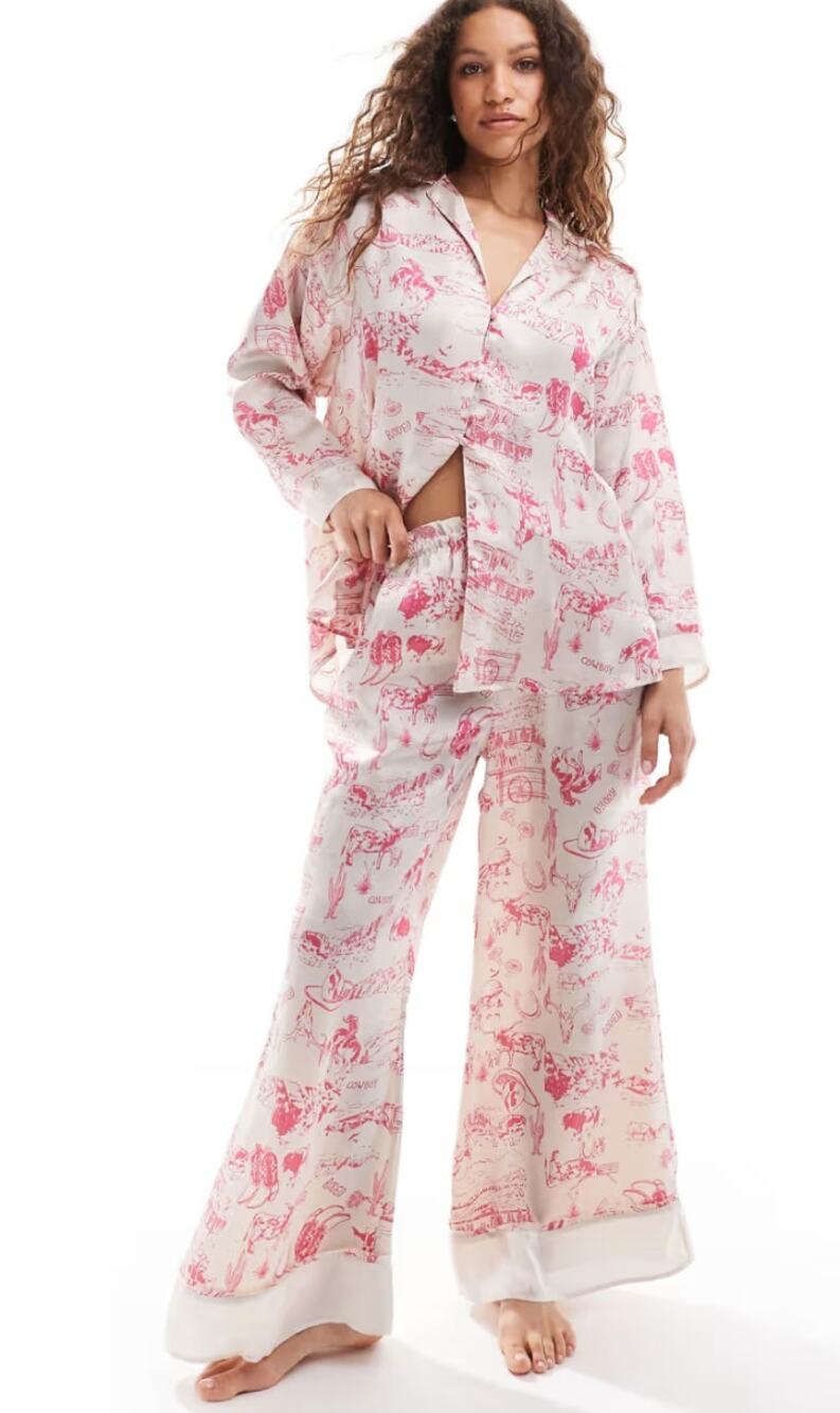 Free People Pajama Set Dreamy Days Western Toile Pink Cream Silky FP Size XS